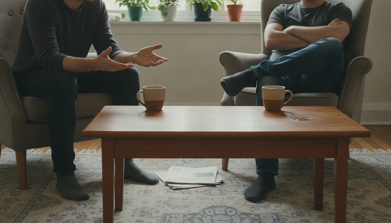 Two people in armchairs angled slightly apart in a bright living room, one sitting forward with hands open over the low table, the other settled back with arms folded; both heads are above the top edge of the frame.